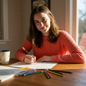 Woman enjoying a relaxing afternoon with printable adult coloring pages and colored pencils