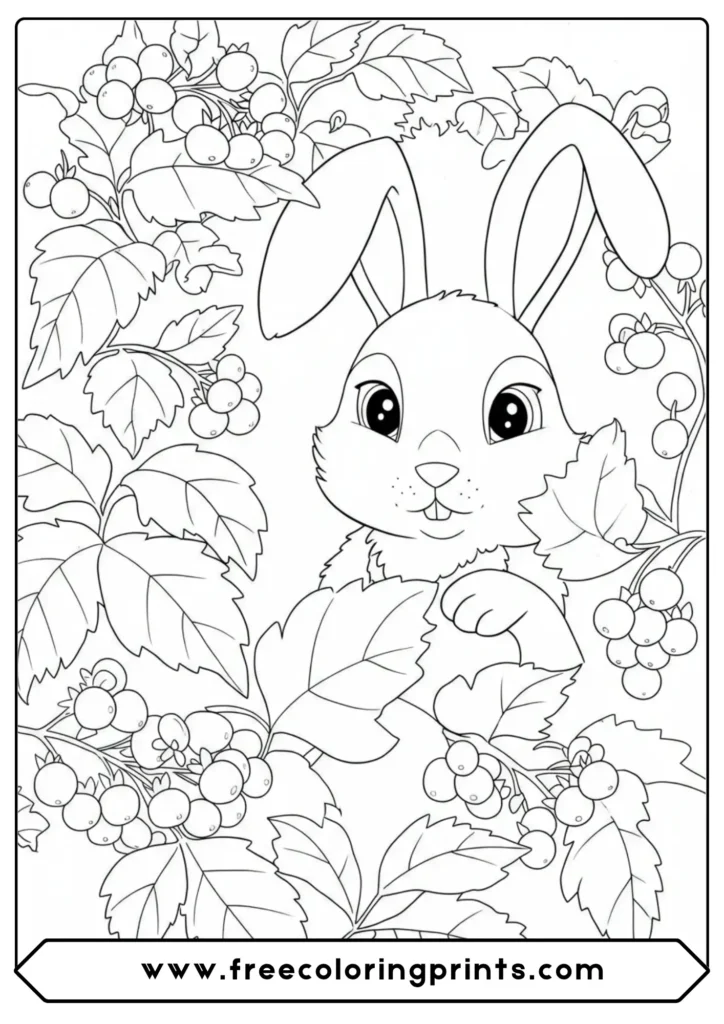 Rabbit peeking from bush woods coloring page.
