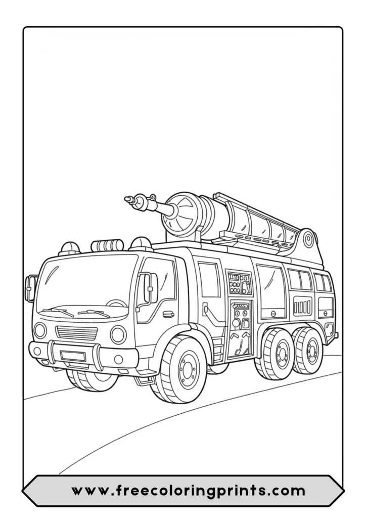 A coloring page of a futuristic airport rescue fire truck with a water cannon