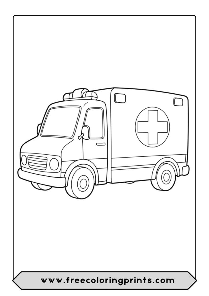 A simple coloring page of an ambulance racing to the rescue