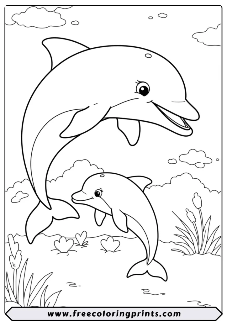 Line art of a mother dolphin swimming with her small baby dolphin. A sweet and easy sea animals coloring page for kids