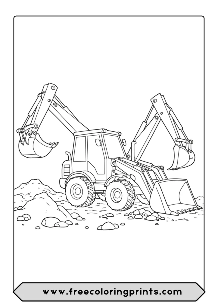 A coloring page of a backhoe loader with both its front bucket and rear digging arm