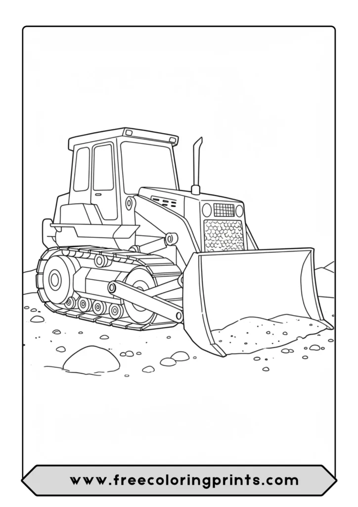 A powerful bulldozer coloring page, showing the machine pushing a pile of sand