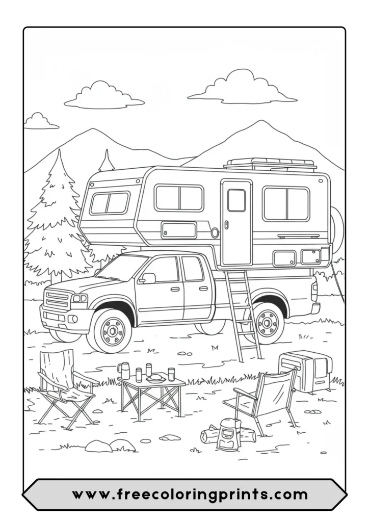 A detailed coloring page of a pickup truck with a camper set up at a campsite