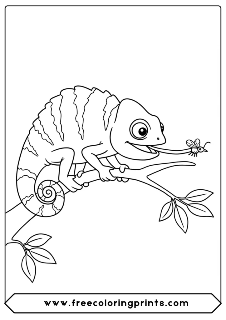 A cartoon chameleon catching a fly with its tongue, a jungle animal coloring sheet.