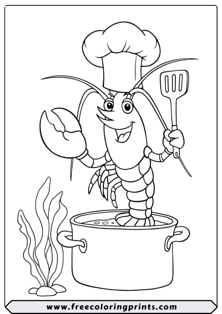 A funny cartoon lobster wearing a chef hat and holding a spatula in a pot. A silly sea animals coloring page