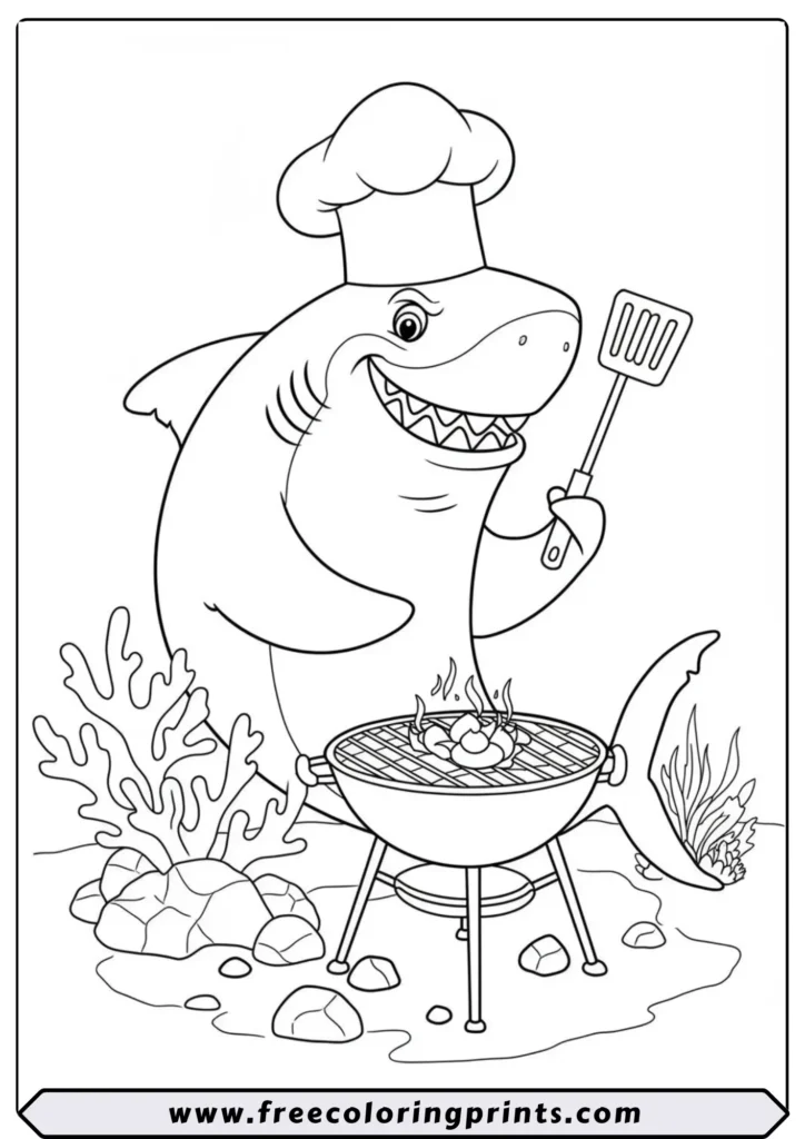 A funny cartoon shark wearing a chef hat and grilling on a BBQ. A hilarious shark coloring page for kids