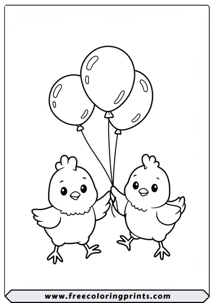 Chicken and Chick Holding Balloons - coloring pages