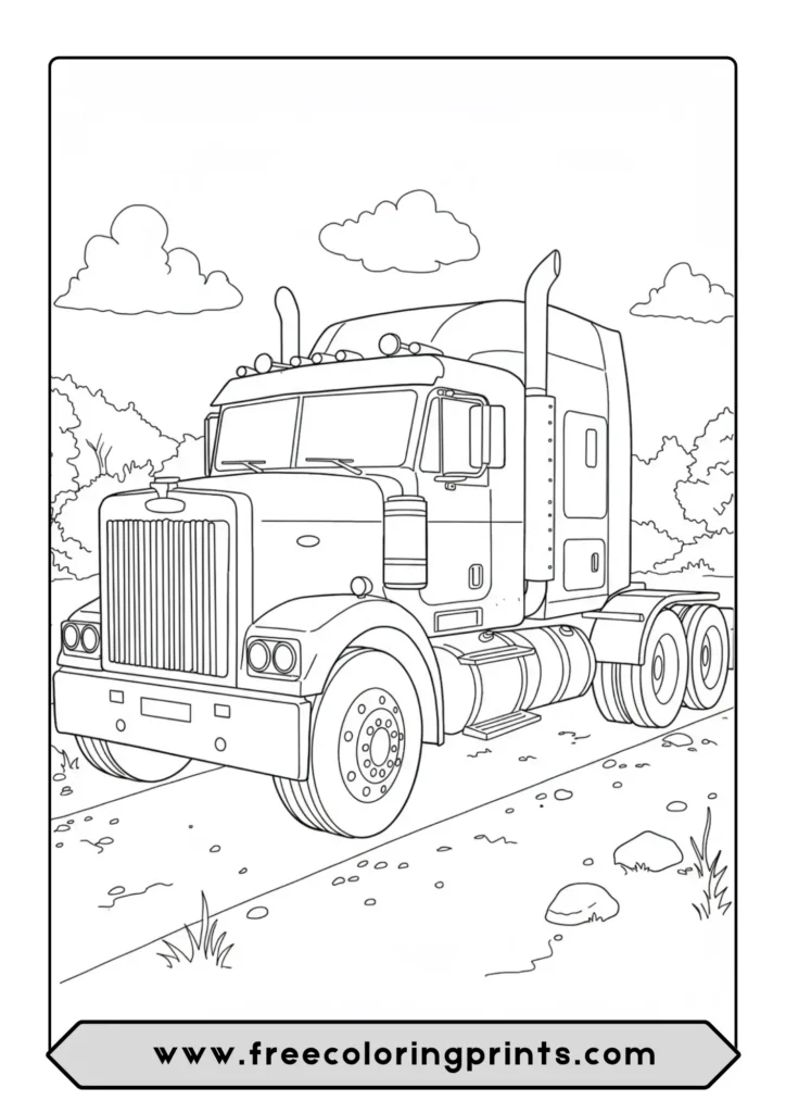 Coloring page of a classic long-nose American semi truck on a dirt road