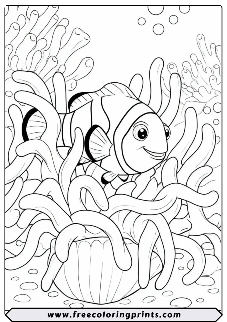 Line art of a cute clownfish hiding safely in its sea anemone home. A classic ocean fish coloring page