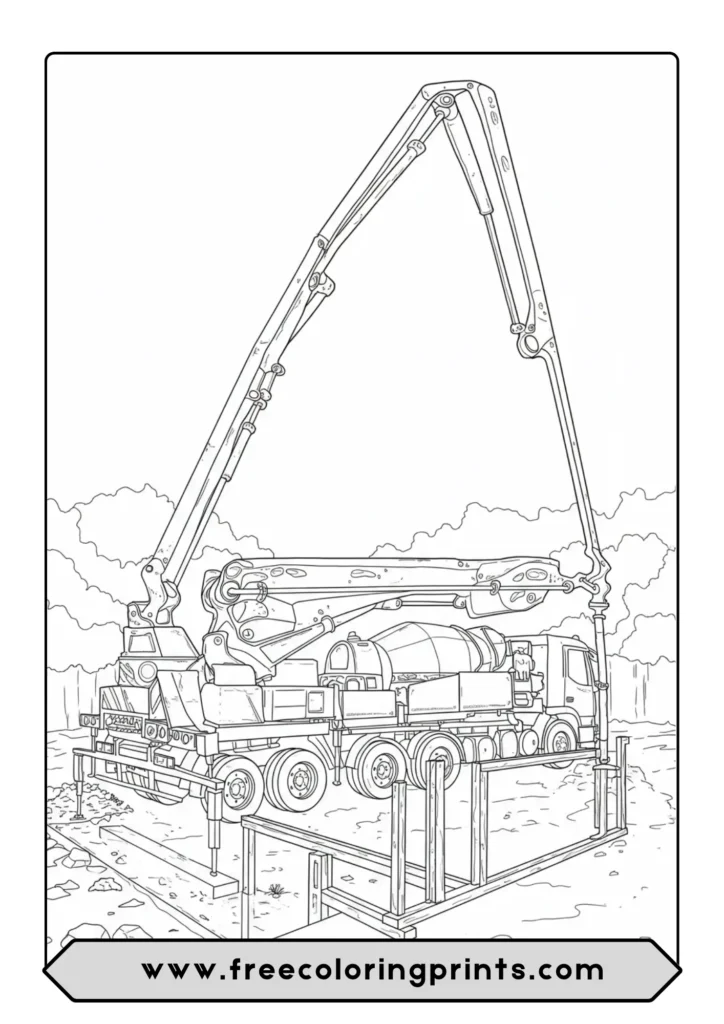 A detailed coloring page for adults of a concrete pump truck with its long articulated arm