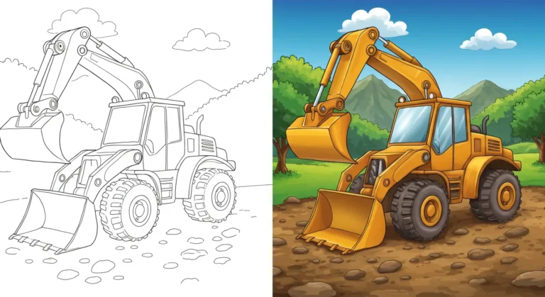 A "before and after" example for an article on Construction Vehicle Coloring Pages, showing a black and white backhoe outline next to the fully colored version.