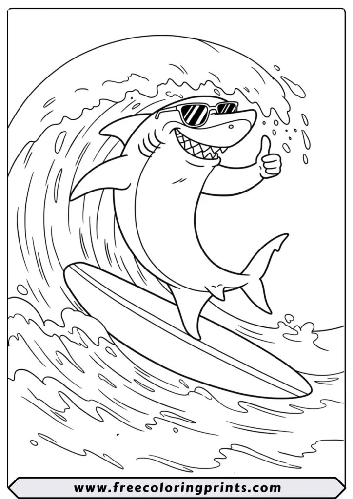 A cool shark with sunglasses riding a surfboard on a big wave. A fun and free printable sea creatures coloring page