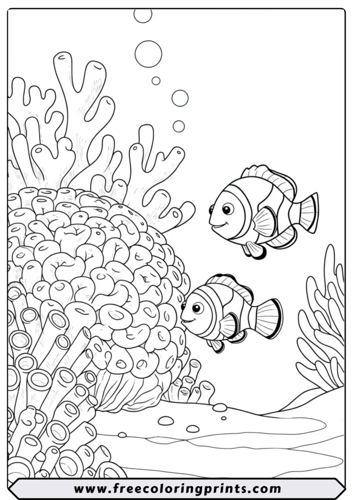 Two cute clownfish playing hide-and-seek in a coral reef. A fun ocean scene coloring page