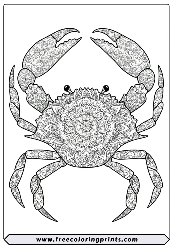 A top-down view of a crab, with its shell filled with a detailed mandala pattern. A perfect marine life coloring page for adults