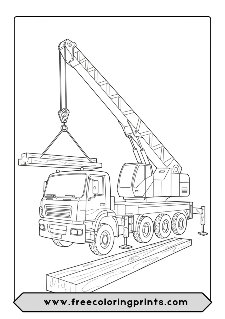 A coloring page of a large crane truck lifting a heavy steel beam