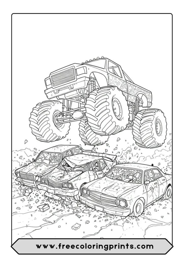 A detailed monster truck coloring page for adults, showing the truck crushing cars