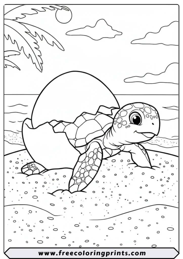 Line art of a cute baby sea turtle hatching from an egg on a sandy beach. A great printable sea animals coloring page