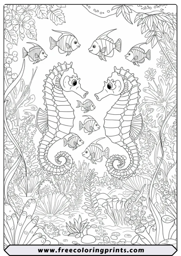A detailed drawing of two seahorses and tropical fish dancing in a lush underwater garden. An intricate marine life coloring page