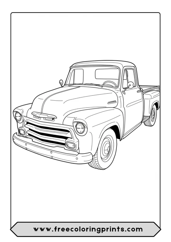A realistic coloring page of a vintage 1950s Chevy-style pickup truck