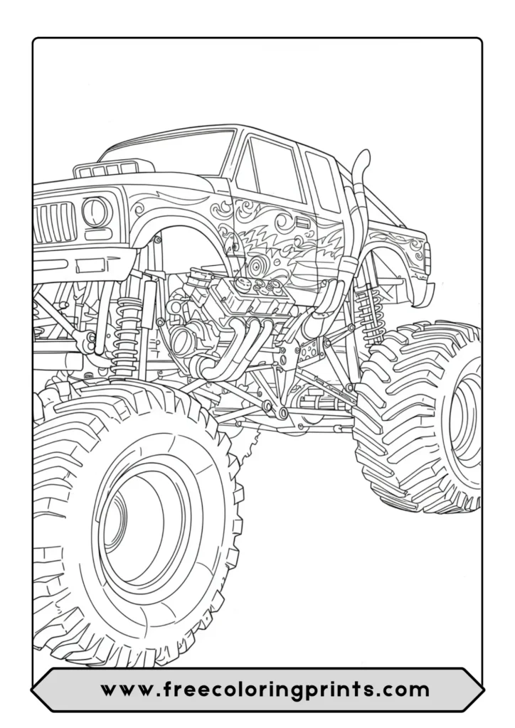 A highly detailed monster truck coloring page showing its exposed engine and suspension system