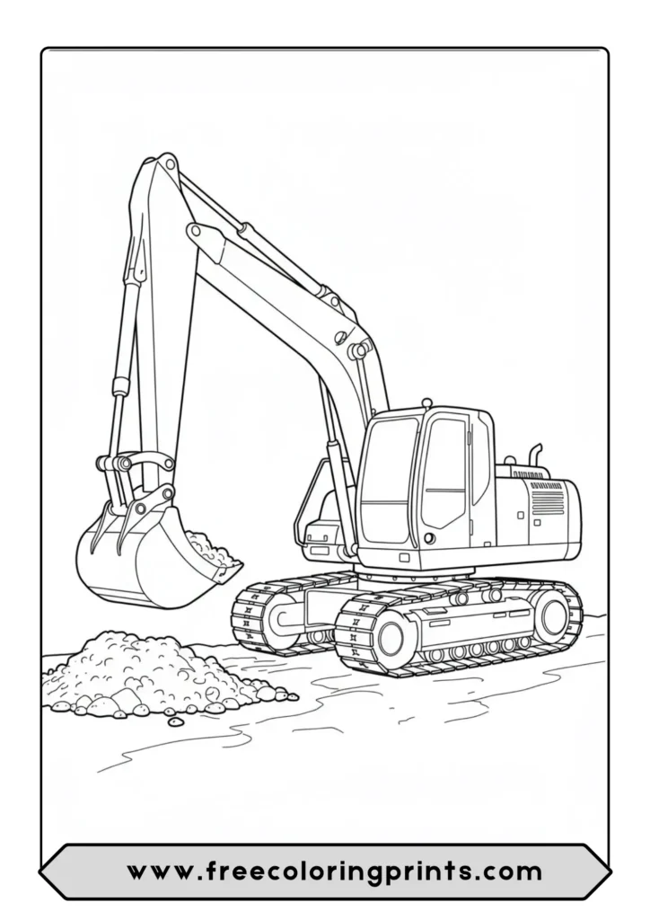A coloring page of an excavator digging a pile of dirt at a construction site