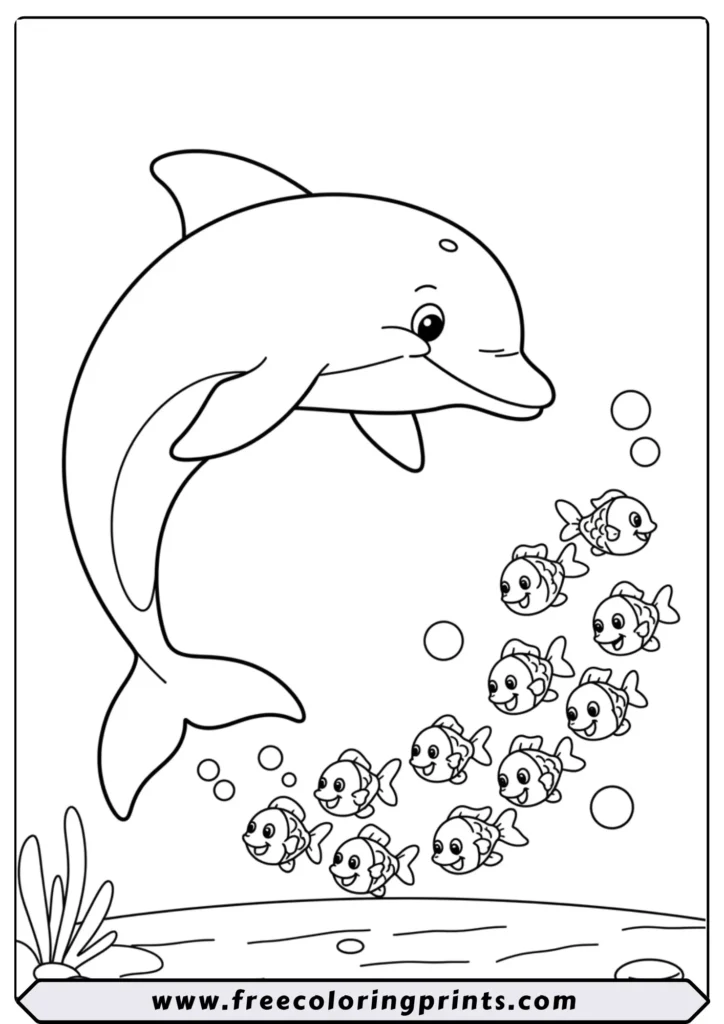 A large cartoon dolphin happily leading a school of small fish who are following it. This coloring page of ocean animals shows a fun underwater scene
