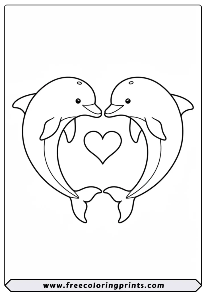 Line art showing two cute dolphins touching noses, with their bodies creating a heart shape. A perfect sea coloring page for Valentine's Day or any day