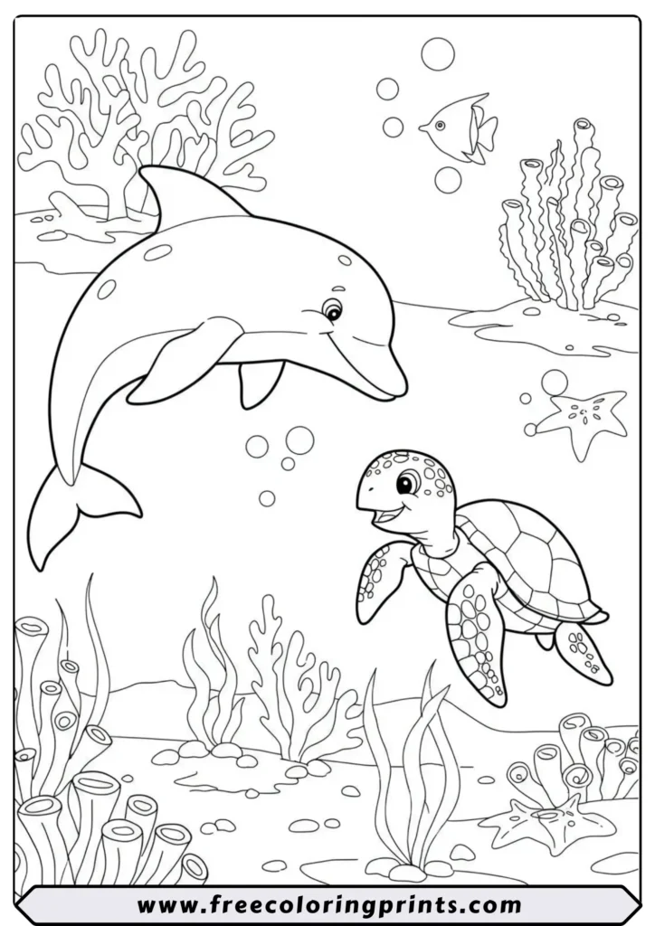 A friendly dolphin and a sea turtle swimming side-by-side underwater among coral and fish. An underwater coloring page showing animal friendship