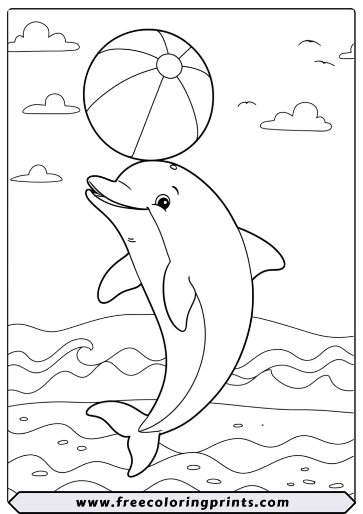 A happy dolphin leaping out of the water and balancing a large beach ball on its nose. One of our many free printable ocean animals coloring pages