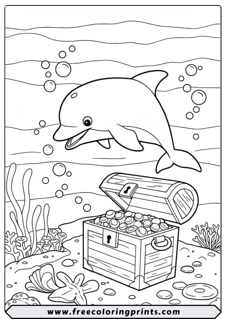 Line art of a cartoon dolphin discovering a sunken treasure chest on the seabed. A fun underwater coloring page for kids