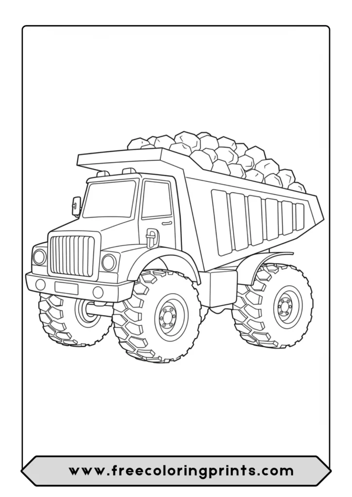 A coloring page of a large dump truck with its bed full of rocks