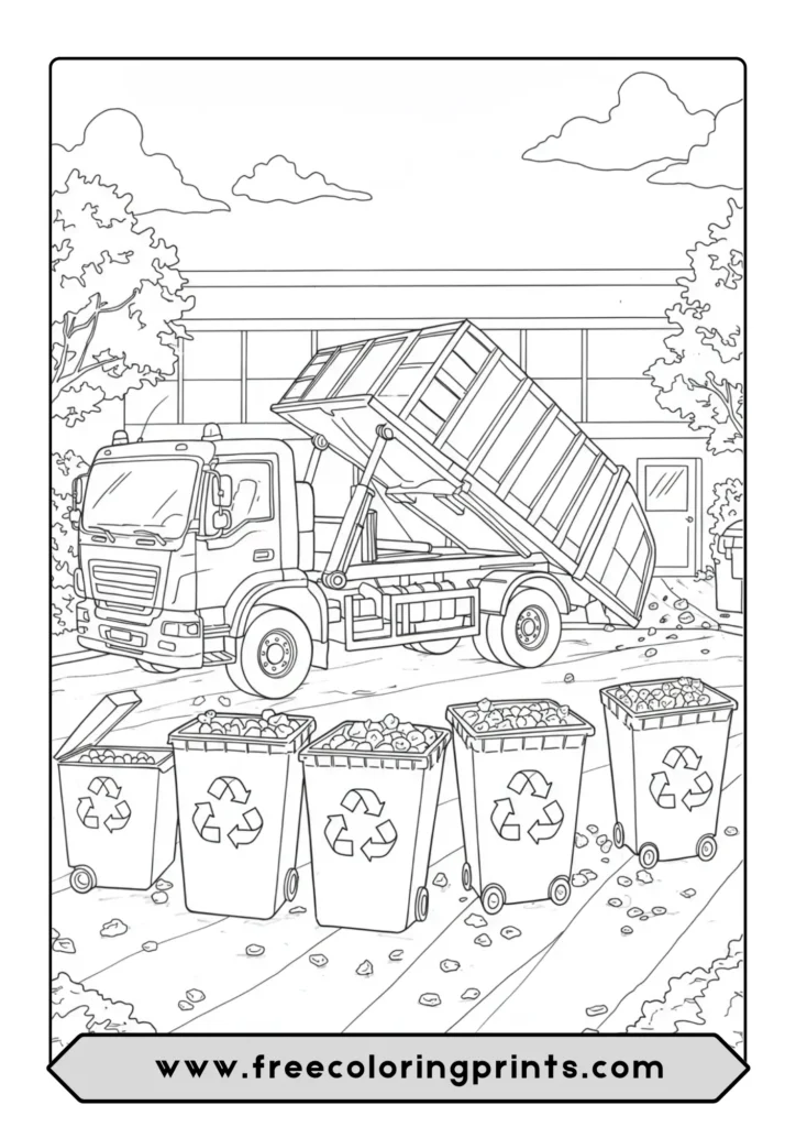 A coloring page of a garbage truck emptying recycling bins