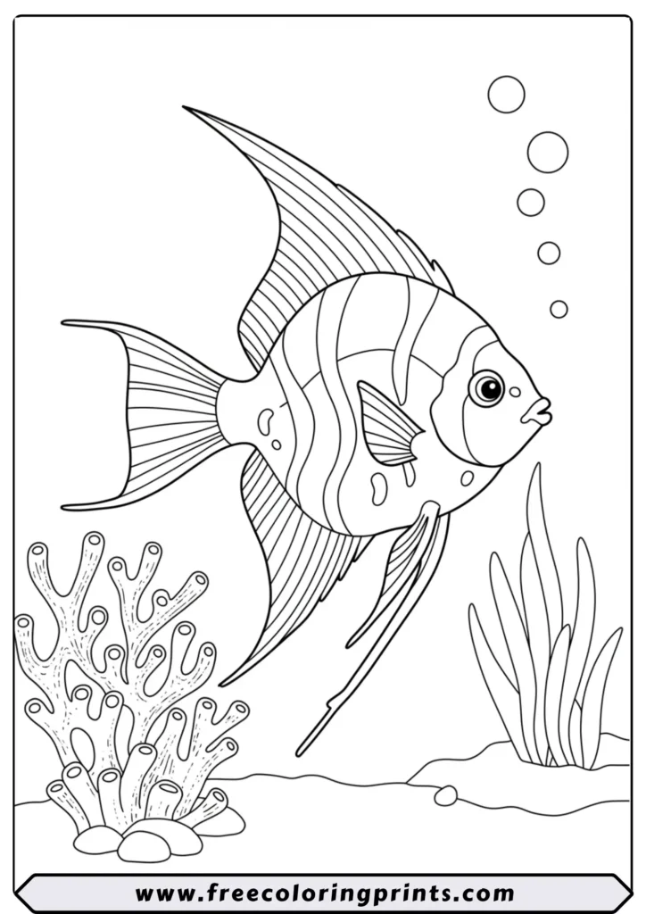 An elegant angelfish with long, flowing fins swimming past coral. A beautiful ocean fish coloring page
