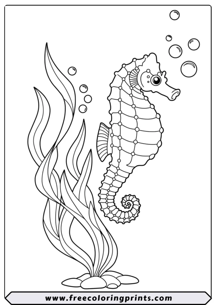 Line art of a graceful seahorse with its tail curled around a piece of seaweed. A magical under the sea coloring page