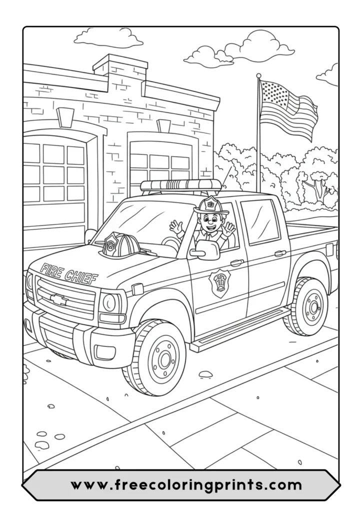 A coloring page of a Fire Chief's pickup truck with an American flag in the background