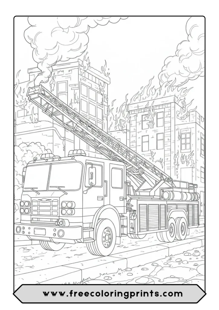 A detailed coloring page for adults of a fire truck with its ladder extended, battling a building fire