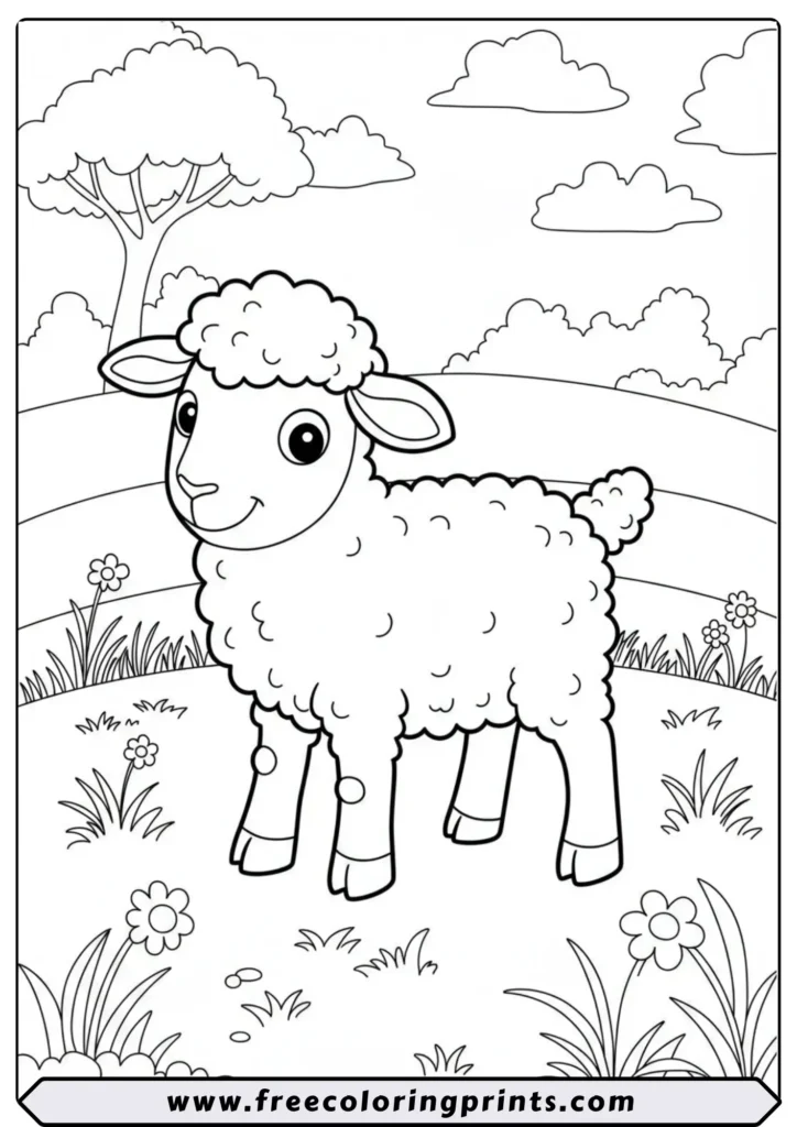 Fluffy Lamb in the Meadow - coloring pages
