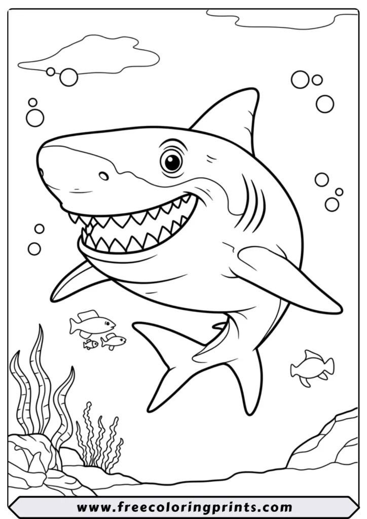 A smiling great white shark cartoon swimming in the ocean. This is one of our many ocean animals coloring pages for kids