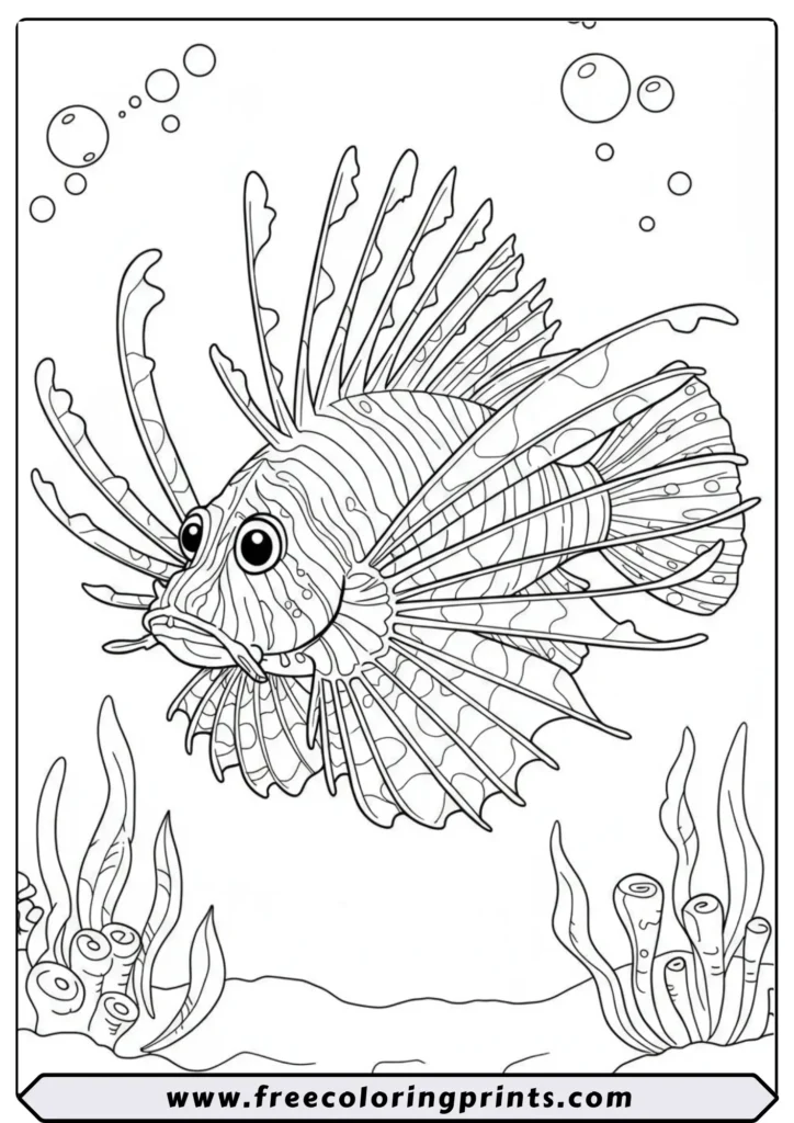 A cartoon lionfish with its beautiful, fan-like fins displayed. A unique sea creature coloring page