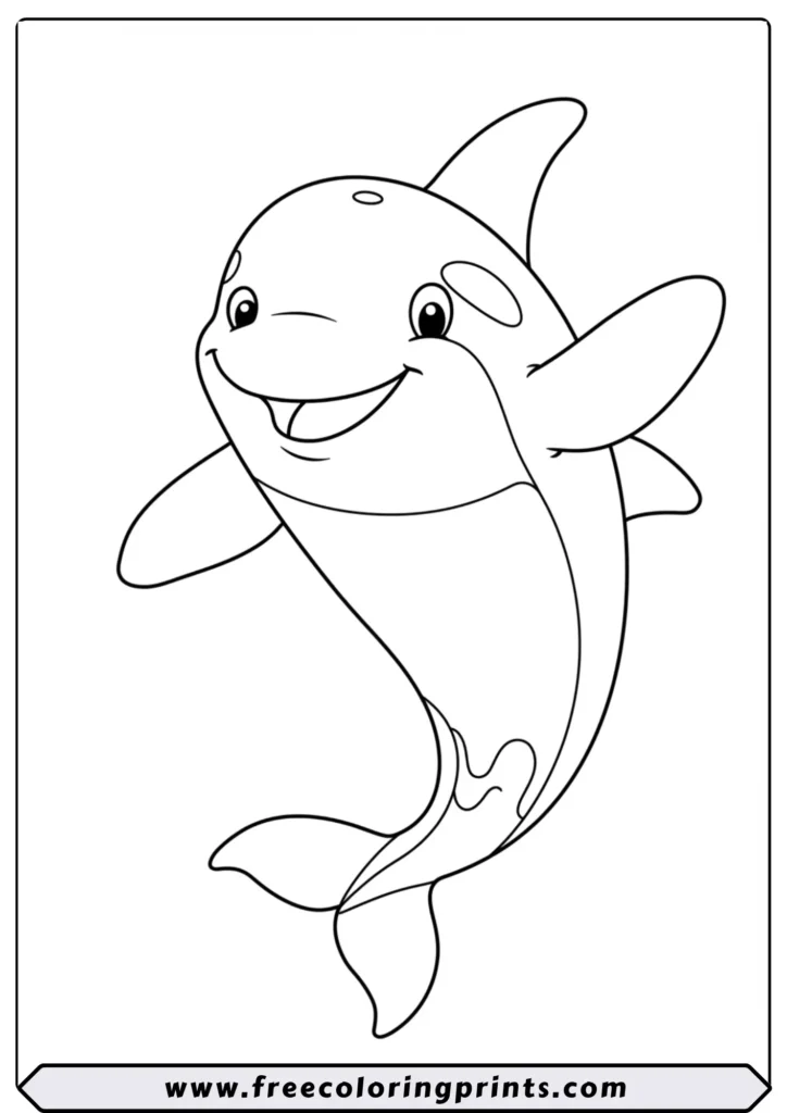 Line art of a friendly cartoon Orca, or killer whale, waving its flipper. This is one of our many free whale coloring pages