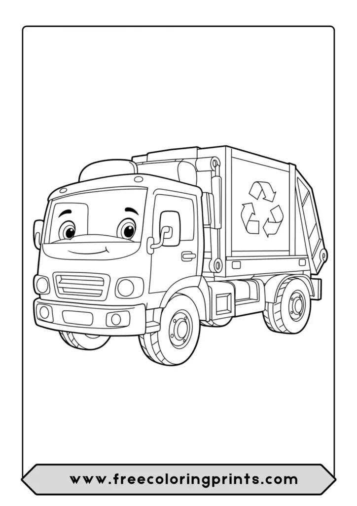 A cute and friendly cartoon recycling truck with a smiling face