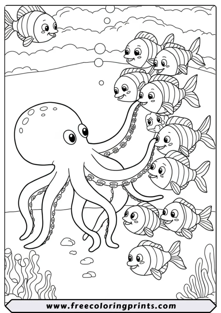 Line art of a friendly octopus giving a group hug to a school of small fish. A cute sea creatures coloring page