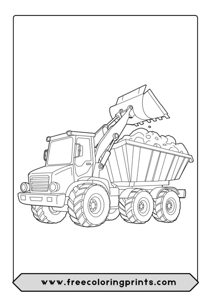 A front loader pouring dirt into a dump truck in this construction coloring page