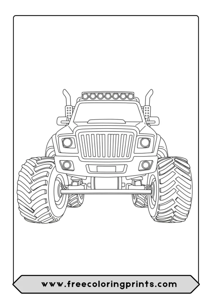 A powerful front view of a monster truck coloring page, showing its wide stance