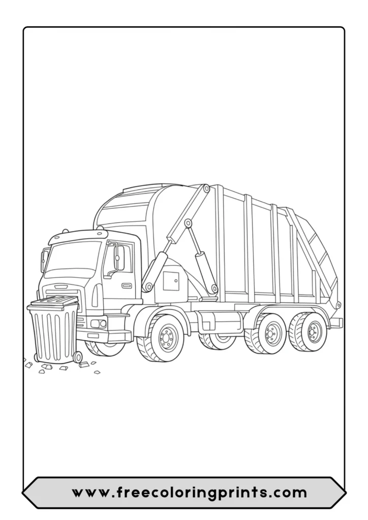 A coloring page of a side-loader garbage truck lifting a trash bin with its mechanical arm