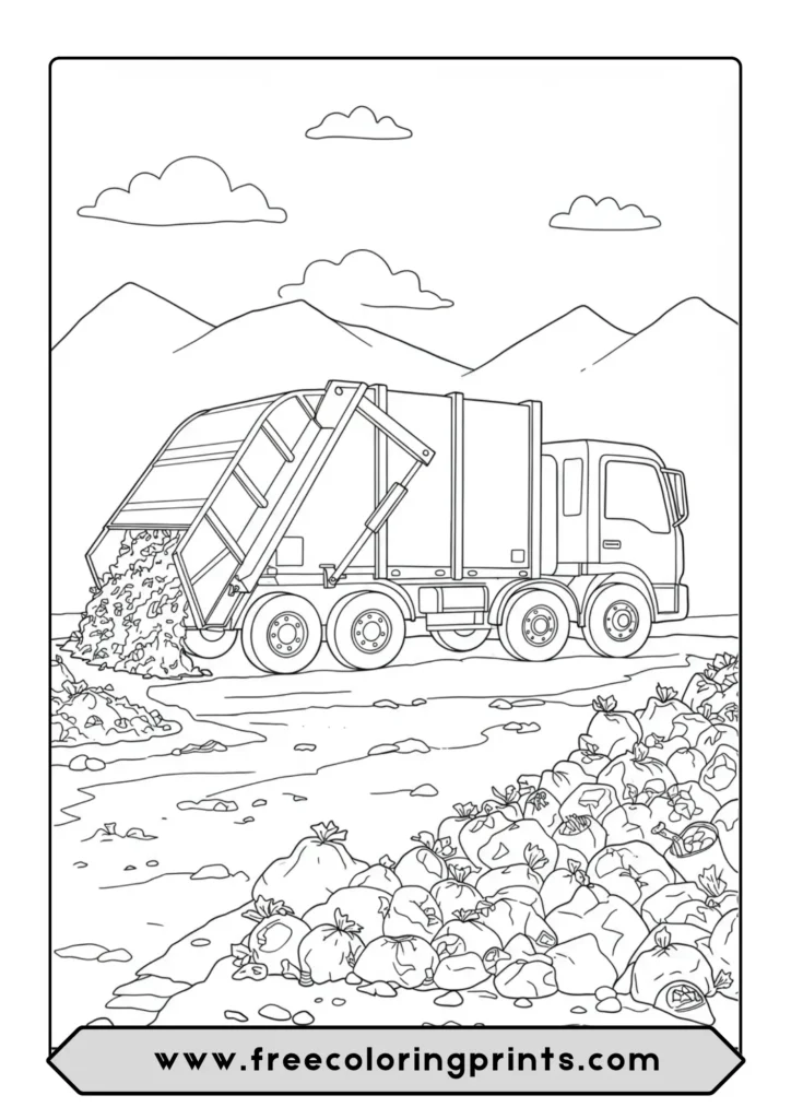 A coloring page of a garbage truck unloading at a landfill