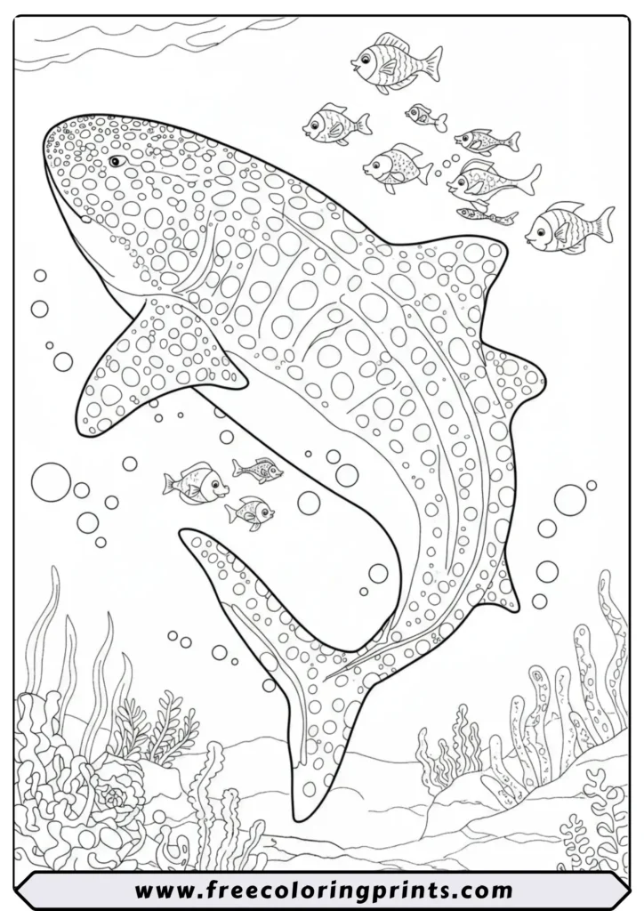 A large, gentle whale shark covered in spots, swimming with small fish. A detailed sea life coloring page