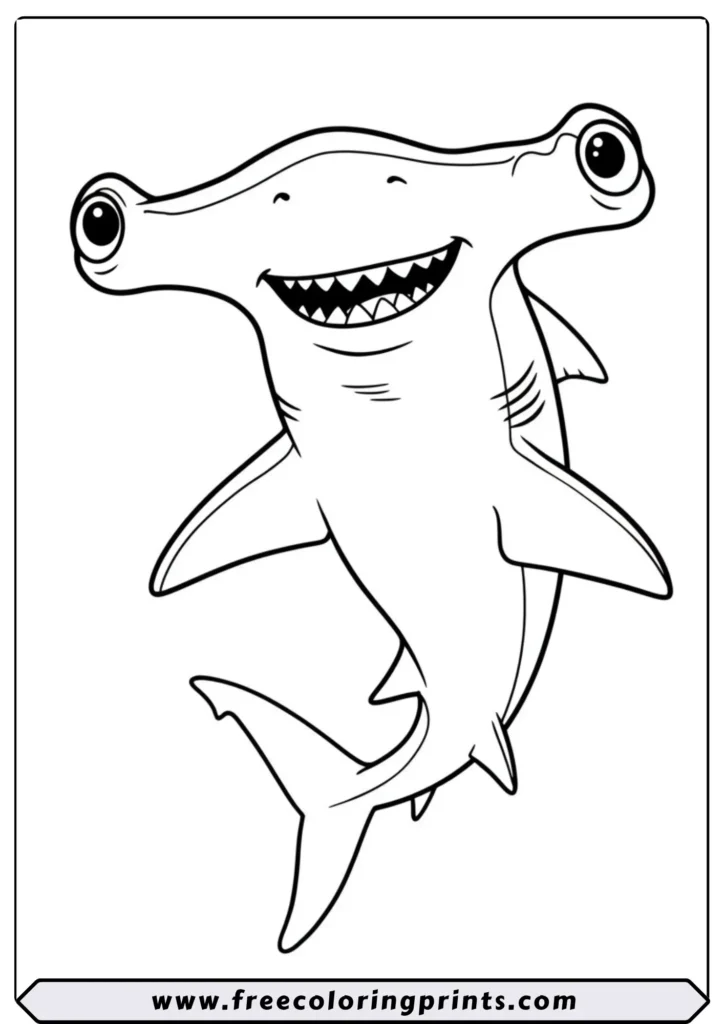 A cartoon hammerhead shark with a goofy, smiling expression. A funny underwater coloring page for kids