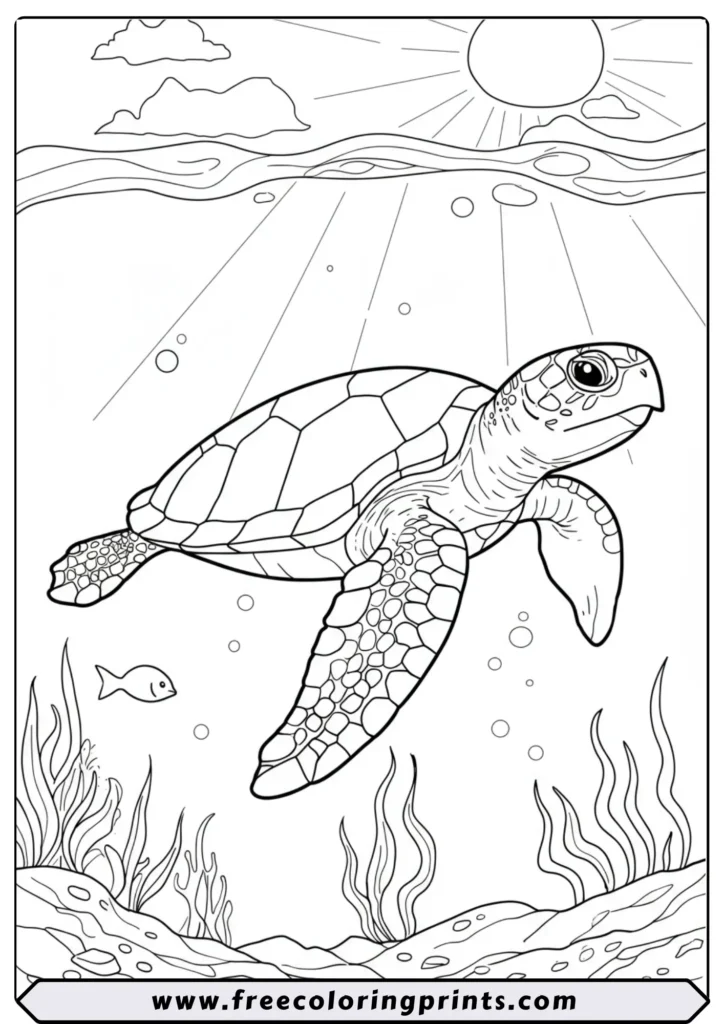 A realistic sea turtle swimming gracefully underwater with sun rays shining from above. A beautiful sea life coloring page